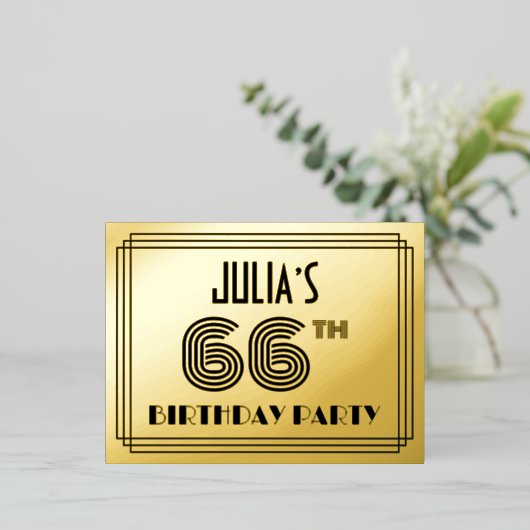 66ste Verjaardagsfeest ~ Art Deco Stijl “66” + Naa Folie Uitnodiging Briefkaart (Staand Voorkant)