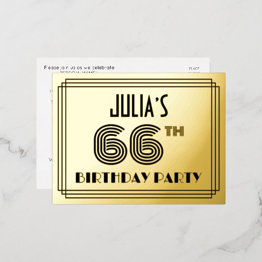 66ste Verjaardagsfeest ~ Art Deco Stijl “66” + Naa Folie Uitnodiging Briefkaart (Voorkant / Achterkant)