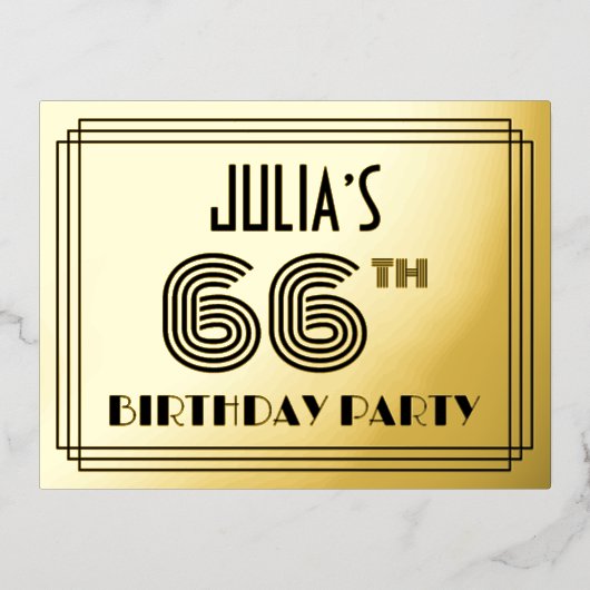 66ste Verjaardagsfeest ~ Art Deco Stijl “66” + Naa Folie Uitnodiging Briefkaart (Voorkant)
