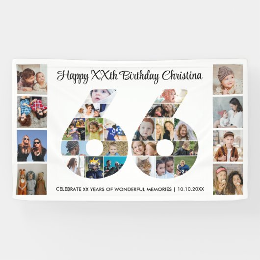 66ste verjaardagsfeest Nummer 66 fotocollage Spandoek (Horizontaal)