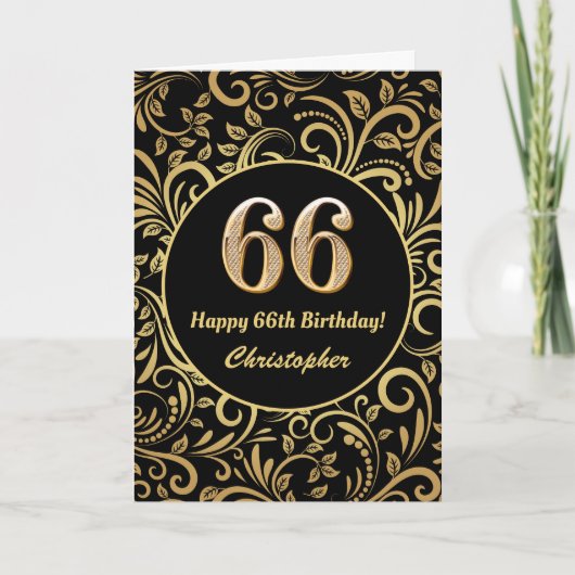 66th Birthday Black en Gold Floral Pattern Kaart (Voorkant)