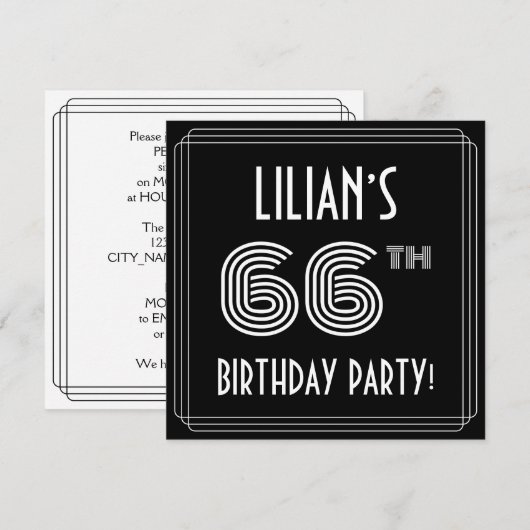66th Birthday Party: Art Deco Style w/ Custom Name Kaart (Voorkant / Achterkant)