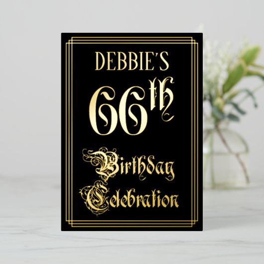 66th Birthday Party — Fancy script & aangepaste na Folie Uitnodiging (Staand Voorkant)