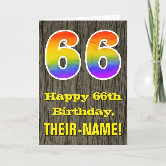 66th Birthday: Rustic Faux Wood Look, Rainbow "66" Kaart (Voorkant)