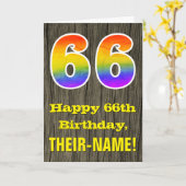 66th Birthday: Rustic Faux Wood Look, Rainbow "66" Kaart (Gele Bloem)