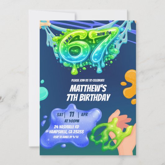 67 Boy Neon Blue Green Slime Birthday Invitation Kaart (Voorkant)
