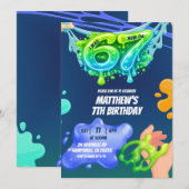 67 Boy Neon Blue Green Slime Birthday Invitation Kaart (Voorkant / Achterkant)
