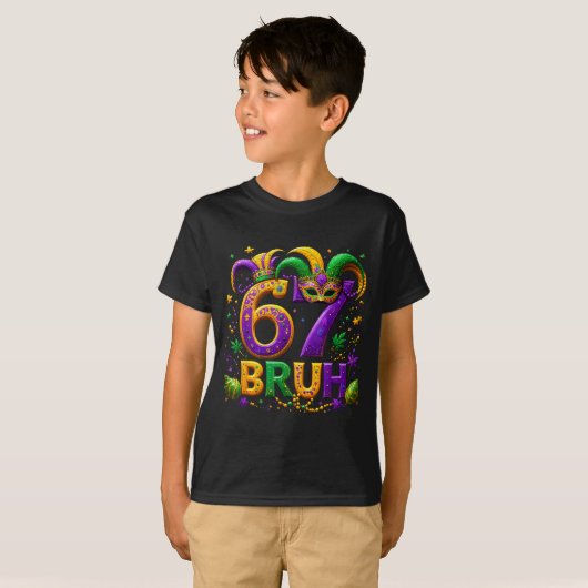 67 Bruh Jester Hat Feather Mask Mardi Gras Fleur D T-shirt (Voorkant volledig)