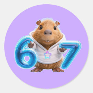 67 Capybara Ronde Sticker – Blauwe Gloed Lavende