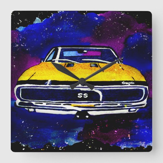 "67 Chevy Camaro SS" Waterverf Art Clock Square Vierkante Klok (Voorkant)