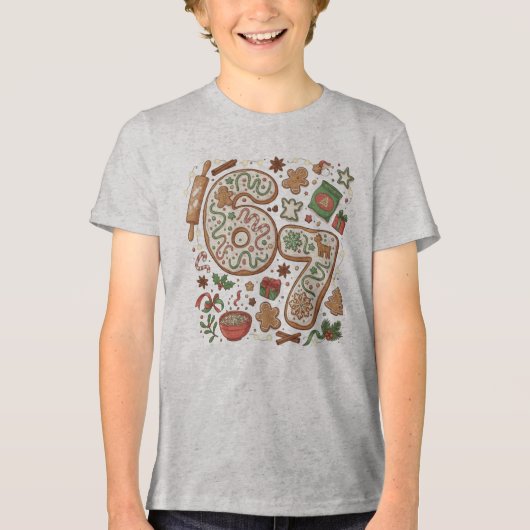 67 Grappige 6 7 Zes Zeven Peperkoek Kerstfeest Tri-Blend Shirt (Voorkant)