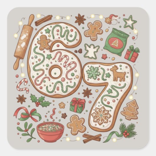 67 Grappige 6 7 Zes Zeven Peperkoek Kerstfeest Vierkante Sticker (Voorkant)