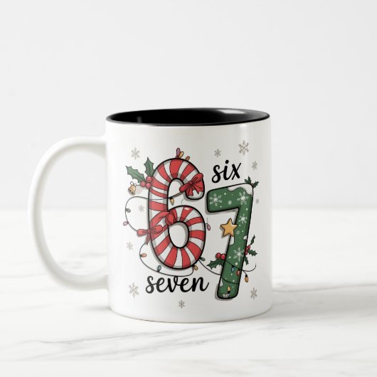 67 Kerstlichten Zes Zeven Vakantie Grappig Meme Tweekleurige Koffiemok (Links)