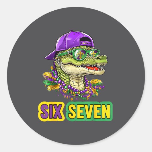 67 Mardigator Alligator Mardi Gras Six Seven Funny Ronde Sticker (Voorkant)