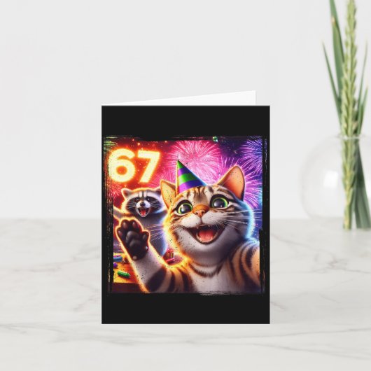 67 Meme Cat Raccoon New Year Selfie Funny Birthday Kaart (Voorkant)