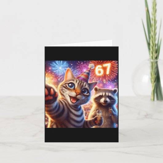 67 Meme Cat Raccoon New Year Selfie Funny Birthday Kaart (Voorkant)