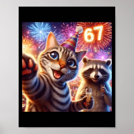 67 Meme Cat Raccoon New Year Selfie Funny Birthday Poster (Voorkant)