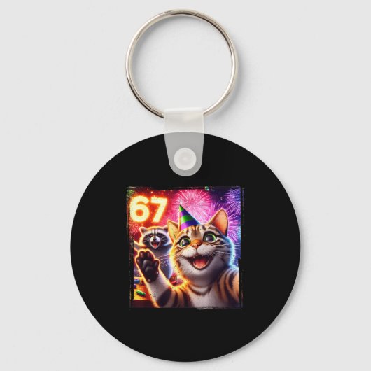 67 Meme Cat Raccoon New Year Selfie Funny Birthday Sleutelhanger (Voorkant)