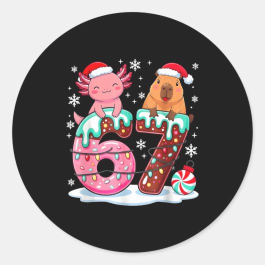 67 Meme Kawaii Axolotl Capybara Christmas Ice Crea Ronde Sticker (Voorkant)