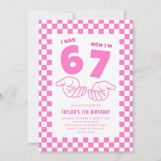 67 Meme Trend Pink Kids 7th Birthday Party Kaart (Voorkant)