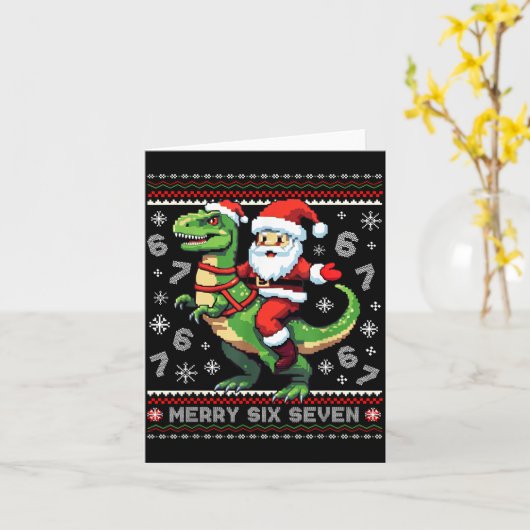 67 Merry Six Seven Santa T Rex Funny Ugly Christma Kaart (Gele Bloem)