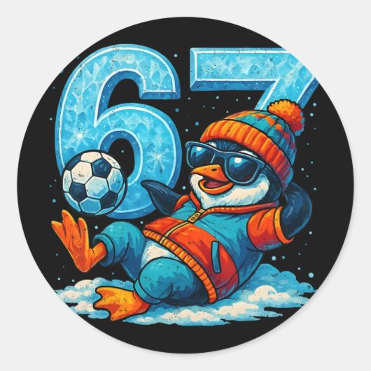 67 Pinguïn Voetbal Grappig Winter Meme Cadeau Ronde Sticker (Voorkant)
