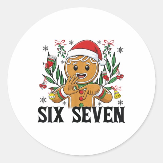 67 Six Seven Meme Grappig Kerstmis Gemberkoek Hand Ronde Sticker (Voorkant)