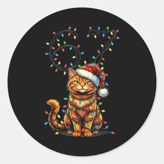 67 Tabby Orange Cat Christmas Santa Hat Six Seven  Ronde Sticker (Voorkant)