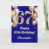 67e Birthday Navy Blue en Gold Balloons Confetti Kaart (Voorkant)