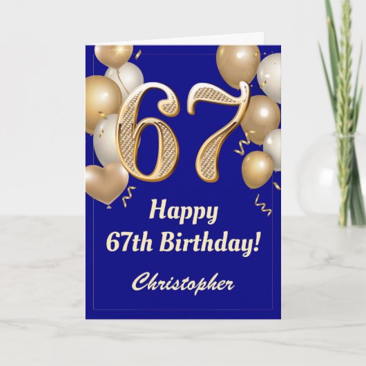 67e Birthday Navy Blue en Gold Balloons Confetti Kaart (Voorkant)