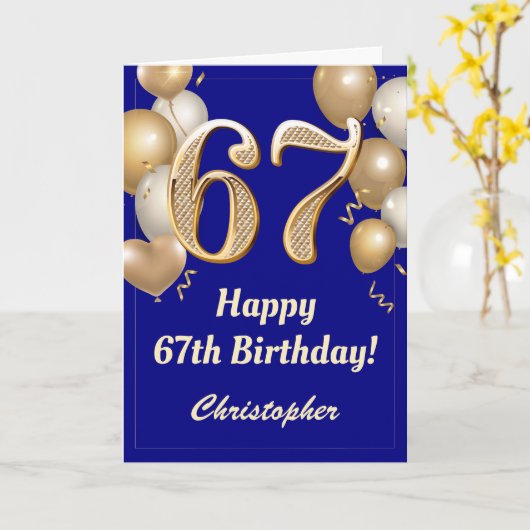 67e Birthday Navy Blue en Gold Balloons Confetti Kaart (Gele Bloem)