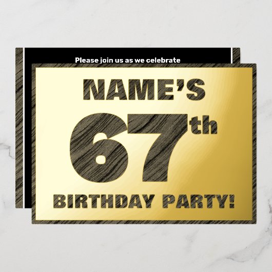 67e Birthday Party - Bold, Faux Wood Grain Text Folie Uitnodiging (Voorkant / Achterkant)