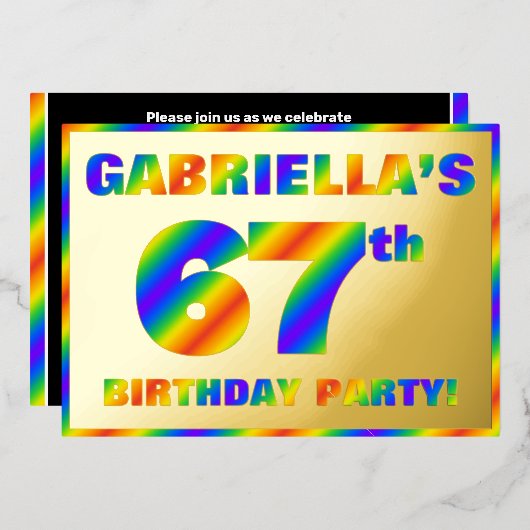 67e Birthday Party — Fun, regenboogspectrum "67" Folie Uitnodiging (Voorkant / Achterkant)