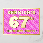 67e Birthday Party — Fun roze harten en stripes Folie Uitnodiging (Voorkant)