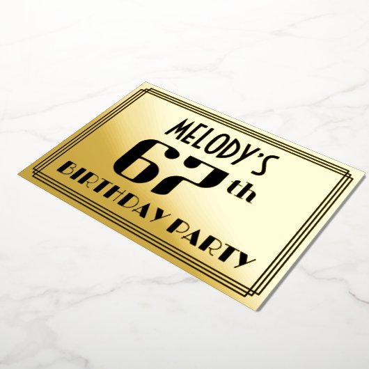 67e verjaardag: Art Deco Kijk "67" en naam Folie Uitnodiging (Gedraaid)