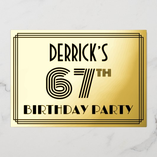 67e verjaardag — Art Deco Style "67" en naam Folie Uitnodiging (Voorkant)