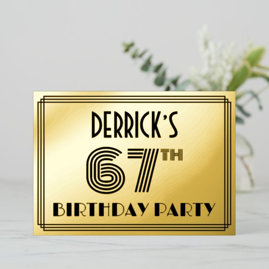 67e verjaardag — Art Deco Style "67" en naam Folie Uitnodiging (Staand Voorkant)