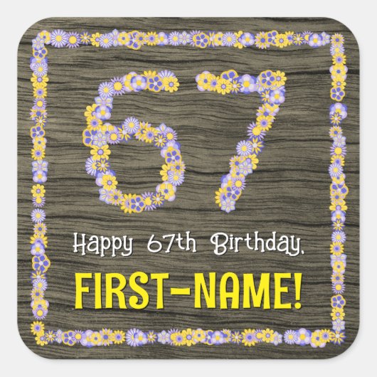 67e verjaardag: Bloemennummer, Faux Wood Look, Naa Vierkante Sticker (Voorkant)