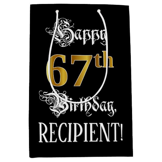 67e verjaardag ~ Fancy script; Faux Gold look; naa Medium Cadeauzakje (Voorkant)