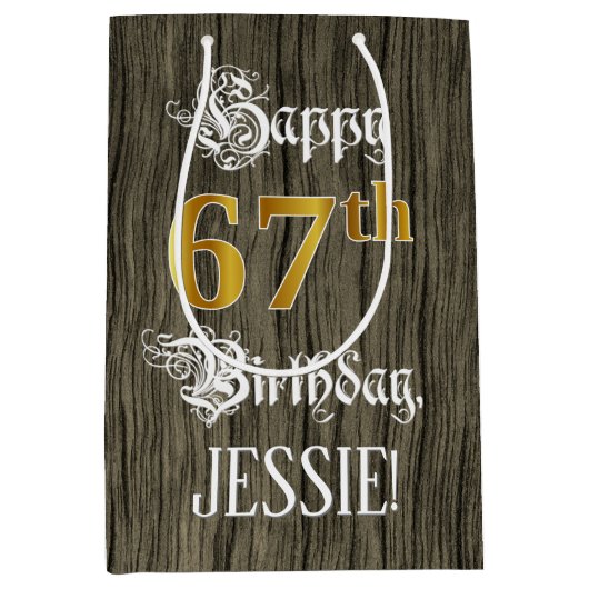67e verjaardag: Faux Gold look & Faux Wood Pattern Medium Cadeauzakje (Voorkant)