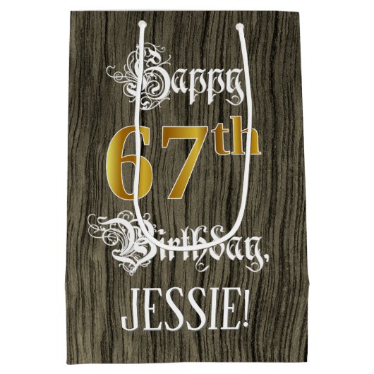 67e verjaardag: Faux Gold look & Faux Wood Pattern Medium Cadeauzakje (Achterkant)