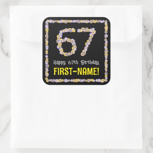 67e verjaardag: Floral Flowers Number, Custom Name Vierkante Sticker (Tas)