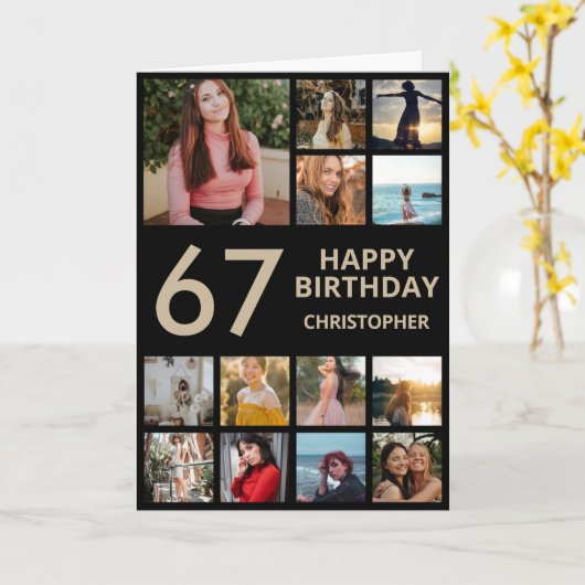 67e verjaardag Foto Collage 13 Foto's Black & Gold Kaart (Gele Bloem)