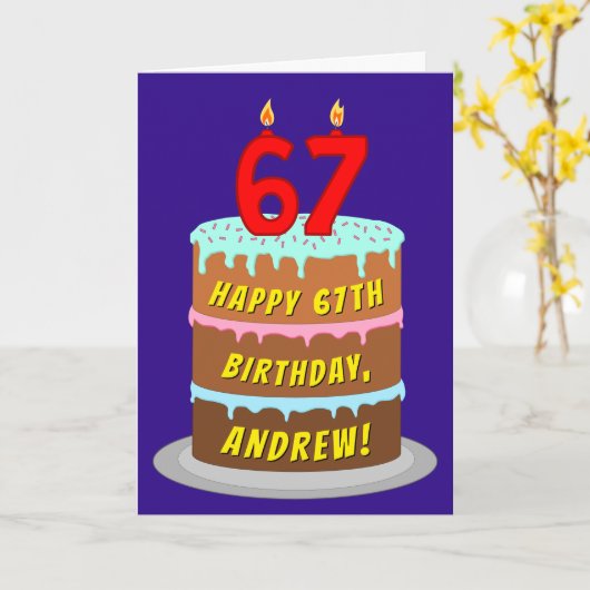 67e verjaardag: Fun Cake and Candles + Custom Name Kaart (Gele Bloem)