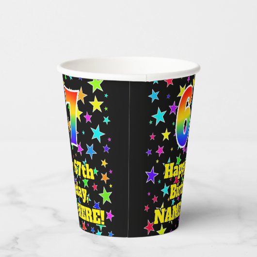 67e verjaardag: Fun Stars Pattern en Rainbow 67 Papieren Bekers (Rechts)