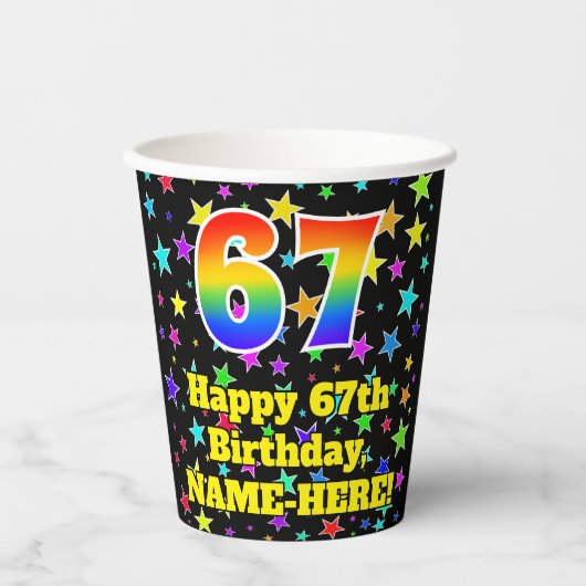 67e verjaardag: Fun Stars Pattern en Rainbow 67 Papieren Bekers (Voorkant)