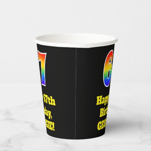 67e verjaardag: Kleurrijk, Leuk, Opwindend, Regenb Papieren Bekers (Rechts)