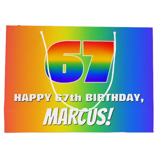 67e verjaardag: kleurrijk, vun regenboogpatroon # groot cadeauzakje (Achterkant)