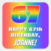 67e verjaardag: kleurrijk, vun regenboogpatroon #  vierkante sticker (Voorkant)