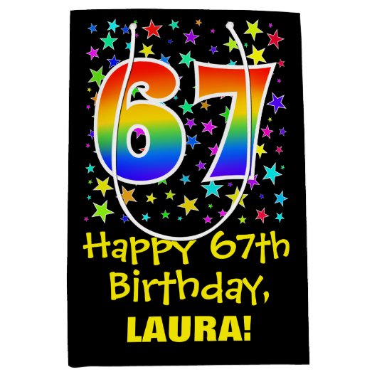 67e verjaardag: Kleurrijke Sterren Patroon & Regen Medium Cadeauzakje (Voorkant)